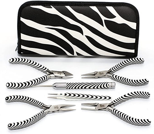The Beadsmith Zebra Print Pliers – 6 Inch Tools, 6 Piece Kit: Chain Nose, Round Nose, Bent Chain Nose, Side Cutter, Tweezers &amp; Reamer with Zippered Pouch – Tools Set for Jewelry Making image 0