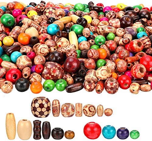 800 Pieces Wooden Beads Set, Include 400 Pieces Printed Wooden Beads Loose Wood Beads, 200 Pieces Assorted Natural Wooden Bead and 200 Pieces Rainbow Color Wooden Beads for Jewelry Making DIY image 0