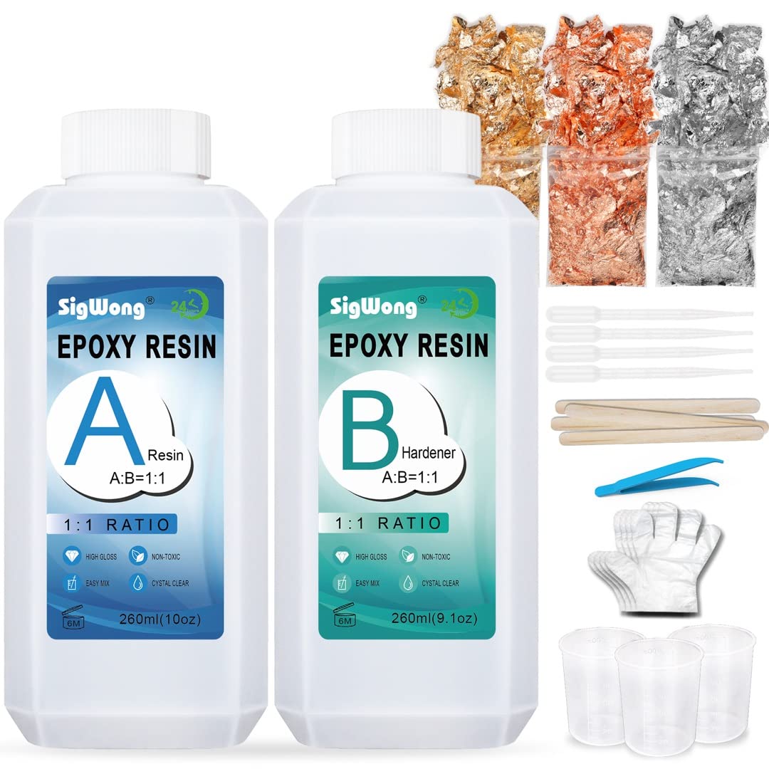 Epoxy Resin Clear Crystal Coating Kit 19.1oz - 2 Part Casting Resin for Art, Craft, Jewelry Making, River Tables, Bonus Gloves, Measuring Cup, Wooden Sticks, Dropper, Gold Foil Flakes and Tweezers image 0