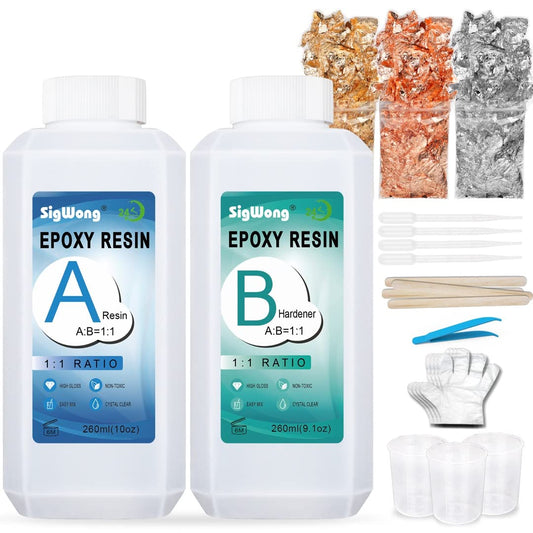 Epoxy Resin Clear Crystal Coating Kit 19.1oz - 2 Part Casting Resin for Art, Craft, Jewelry Making, River Tables, Bonus Gloves, Measuring Cup, Wooden Sticks, Dropper, Gold Foil Flakes and Tweezers image 0