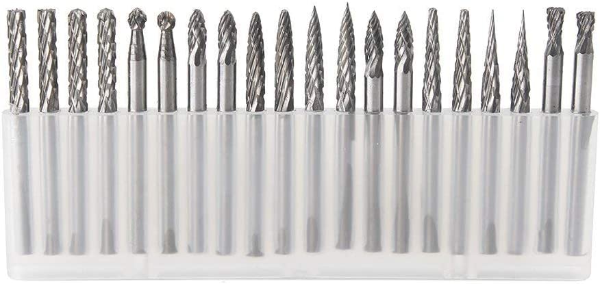 YUFUTOL 20pcs Solid Carbide Burr Set 0.118‘’（3mm）Shank Tungsten Carbide Rotary Files Burrs with 3mm Cutting Head Diameter Fits Most Rotary Drill Die Grinder for Woodworking,Engraving,Drilling,Carving image 0