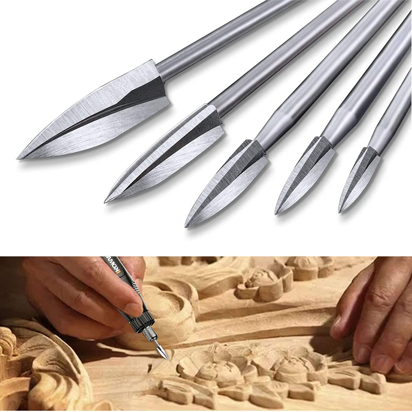 Wood Carving Tools, 5 PCS Engraving Drill Accessories Bit Wood Crafts Grinding Woodworking Tool with 1/8” Shank Universal Fitment for Rotary Tools image 0