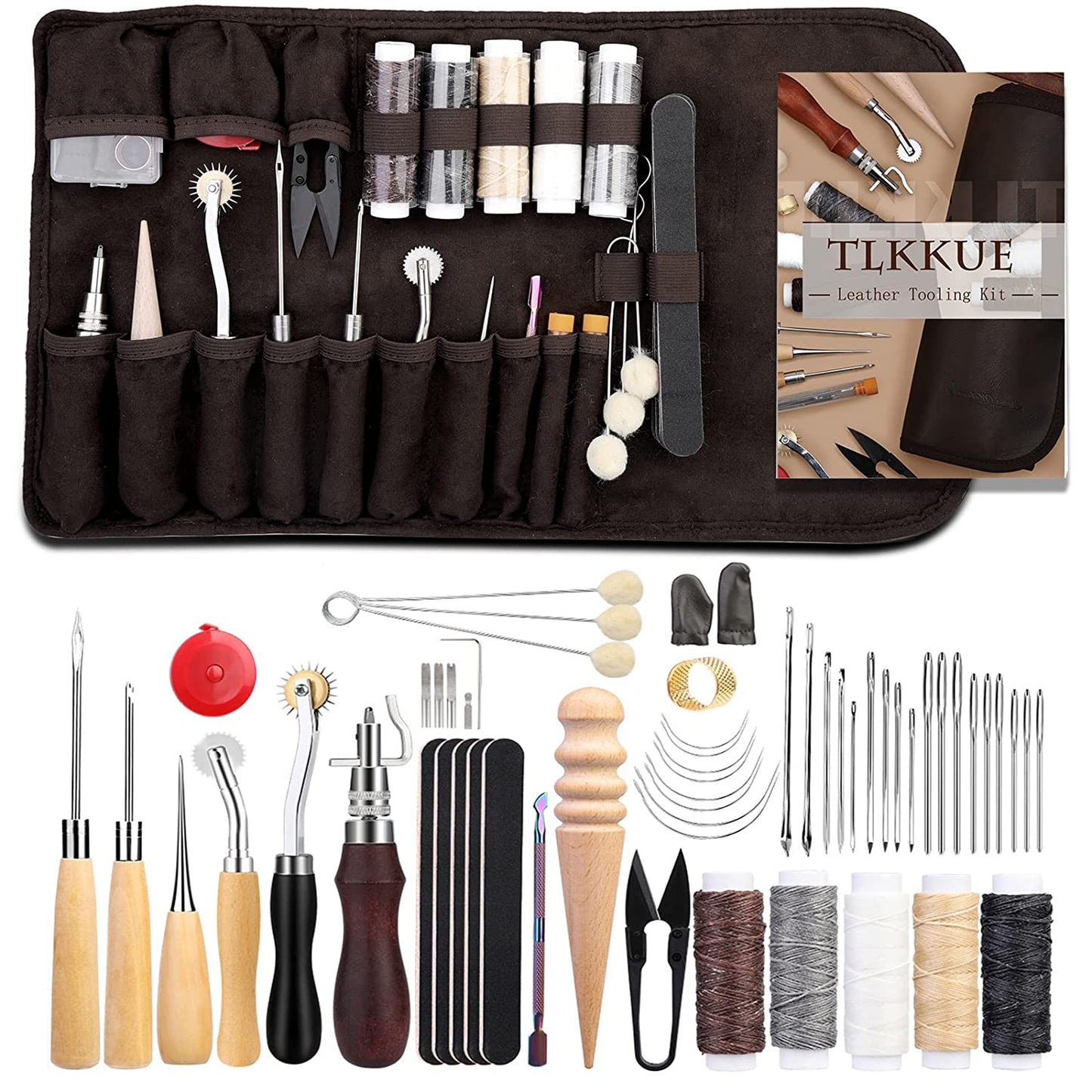 Leather Sewing Kit Leather Craft Tools Leather Craft Making Leather Sewing Tools Kit for DIY Sewing Craft Projects with Custom Storage Bag Adjustable Groover Stitch Wheel Waxed Threads image 0