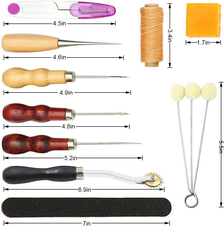 17 Pcs Leather Tools DIY Hand Stitching Kit with Groover Awl Waxed Thimble Thread for Sewing image 2