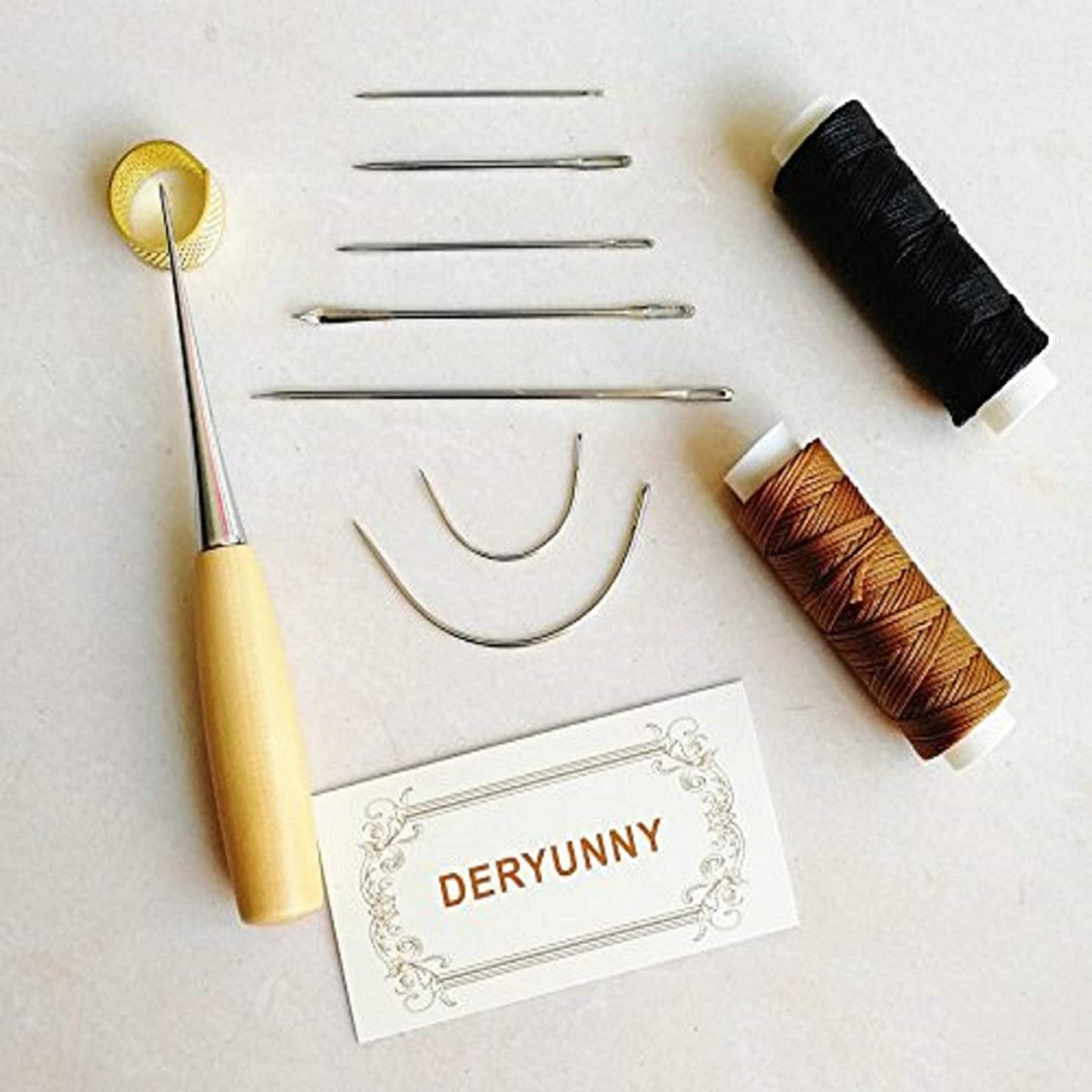 11 Pieces Repair Leather Craft Tool, 7 Pieces Curved Upholstery Hand Sewing Needles Sewing Needles with Leather Waxed Thread Cord 1 Brown 1 Black and Drilling Awl and Thimble for Leather Repair image 5