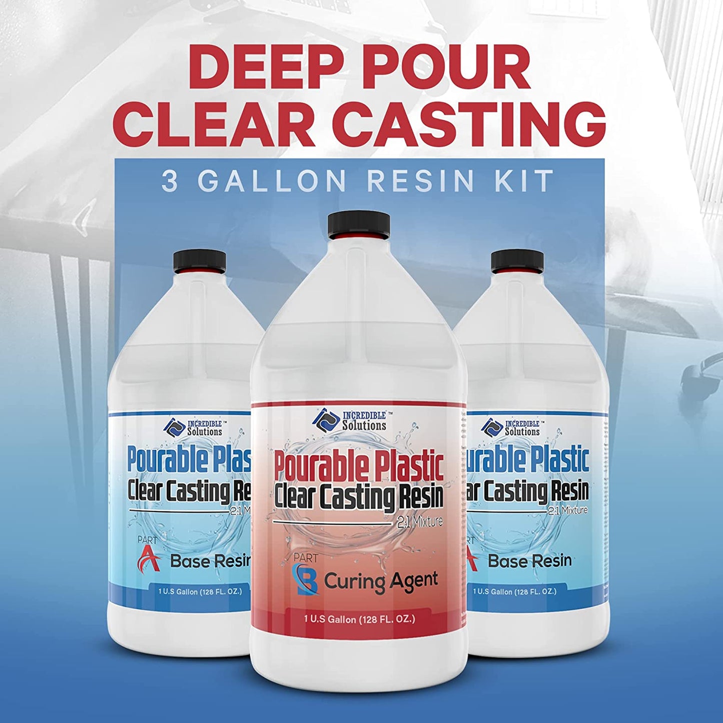 Pourable Plastic Deep Pour Up To 2" Thick USA Manufactured Clear Casting Resin 3 Gallon(2 Gallons Resin + 1 Gallon Curing Agent) Kit Perfect For River Tables &amp; Castings – Low Odor Epoxy, a 2:1 Ratio image 1