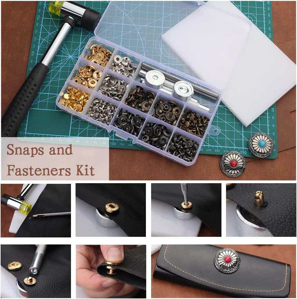243Pcs Leather Working Tools and Supplies with Instruction, Leather Stamping Tools, Snaps and Fasteners Kit, Waxed Thread Cord, Cutting Mat, Leather Tooling Starter Kit for DIY Leather Craft image 2