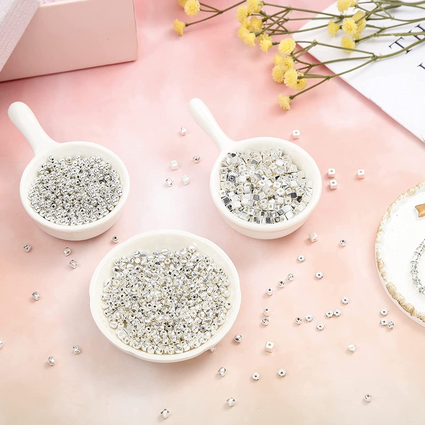 3240 Pieces DIY Assorted Plated Spacer Beads with Hole, Including Square Spacer Beads, Multifaceted Beads, Round Ball Spacer Beads and Crystal Rhinestone Spacer Beads for Jewelry Crafts (Silver) image 1