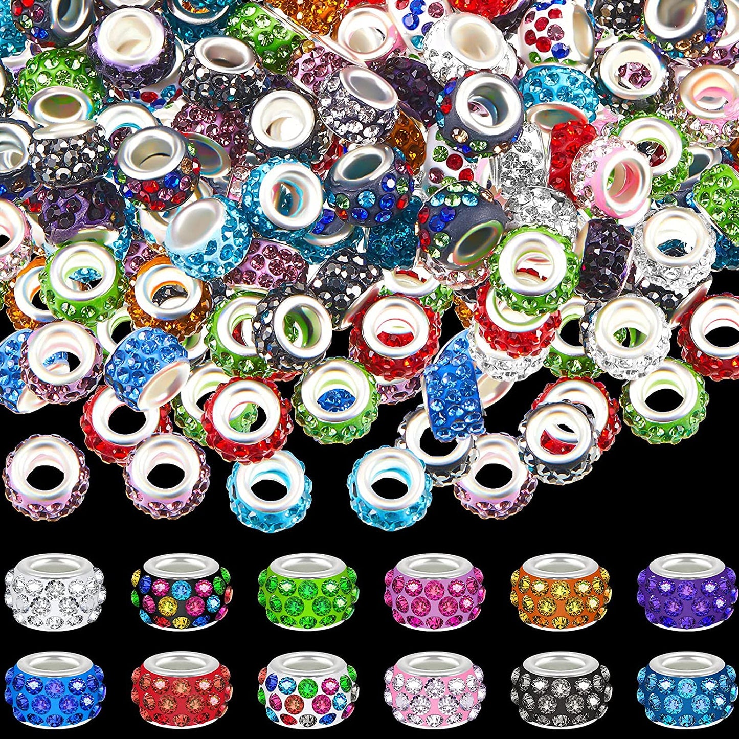150 Pieces 12 mm Large Hole Rhinestone European Beads Large Hole Rondelle Spacer Beads Rondelle Slide Charm Beads Diamond Hair Beads Polymer Clay European Spacer Beads for DIY Jewelry (Mix Colors) image 0
