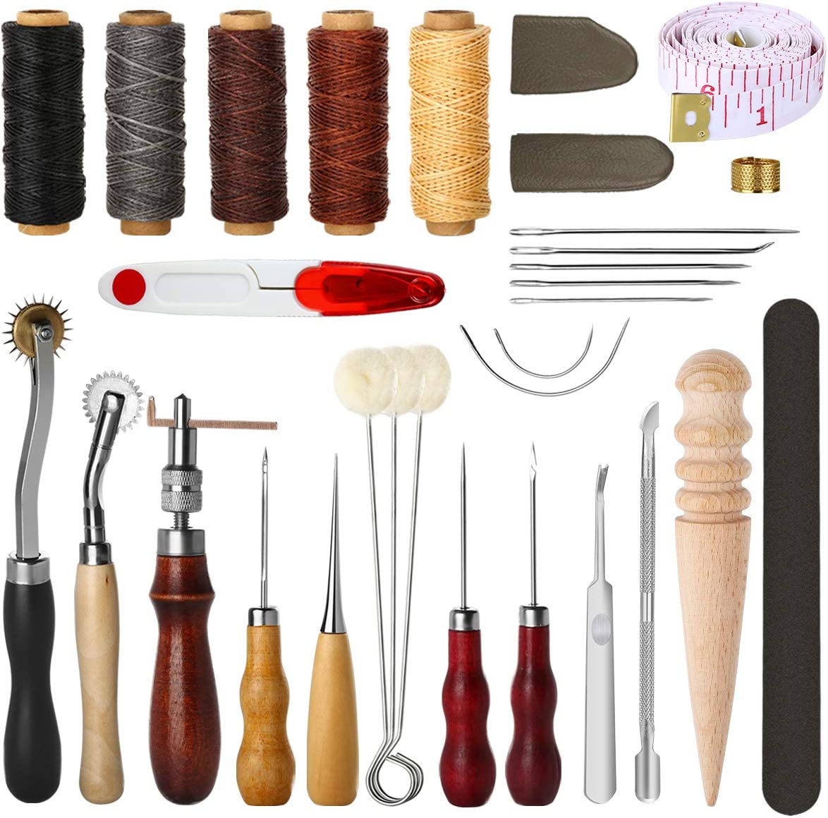 ELECTOP 31 Pcs Leather Sewing Tools DIY Leather Craft Tools Hand Stitching Tool Set with Groover Awl Waxed Thread Thimble Kit image 0