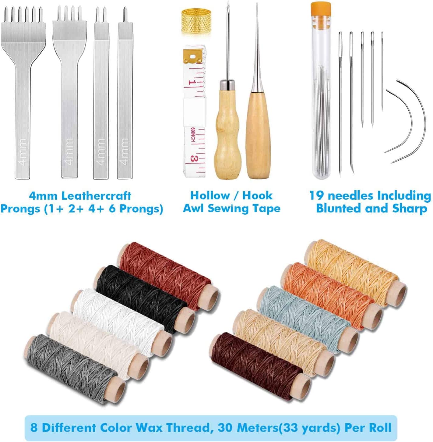 Cridoz 35 Pcs Leather Stitching Pouch Kit with 4mm Prong Sewing Hole Punch, Leather Sewing Tools, Waxed Thread and Large-Eye Stitching Needles for Beginner Leather Sewing Working Crafting Projects image 1