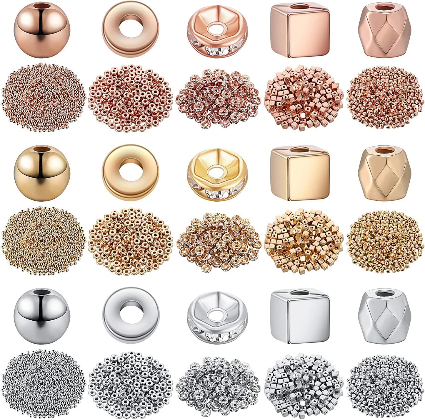 3630 Pieces Assorted Spacer Beads Faceted Rondelle Cube Beads Square Spacer Column Beads Crystal Round Jewelry Charms for Jewelry Making DIY Loose Beads, 5 Styles (Platinum, Gold, Rose Gold) image 0