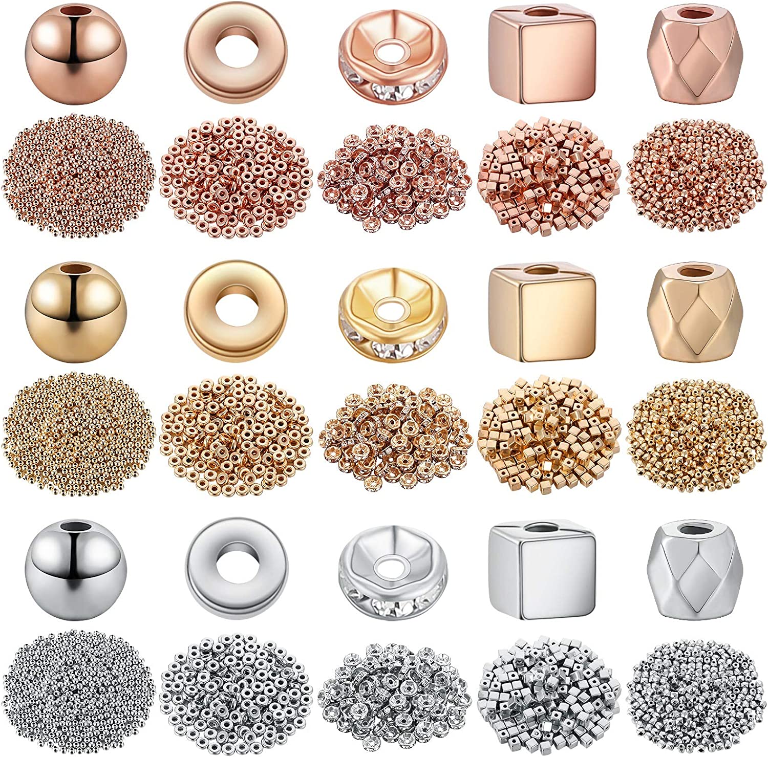 3630 Pieces Assorted Spacer Beads Faceted Rondelle Cube Beads Square Spacer Column Beads Crystal Round Jewelry Charms for Jewelry Making DIY Loose Beads, 5 Styles (Platinum, Gold, Rose Gold) image 0