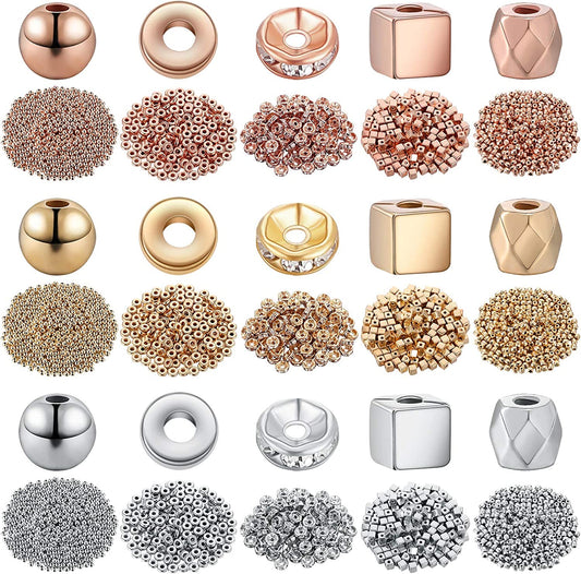 3630 Pieces Assorted Spacer Beads Faceted Rondelle Cube Beads Square Spacer Column Beads Crystal Round Jewelry Charms for Jewelry Making DIY Loose Beads, 5 Styles (Platinum, Gold, Rose Gold) image 0