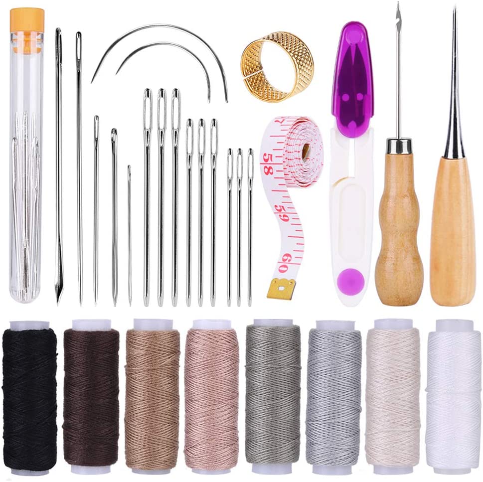 30 PCS Upholstery Repair Kit, Leather Sewing Repair Kit with Sewing Thread, Large Eye Leather Sewing Needles, Awl, Leather Hand Sewing Needles, Leather Craft Tool Kit for Leather Repair, Stitching image 0