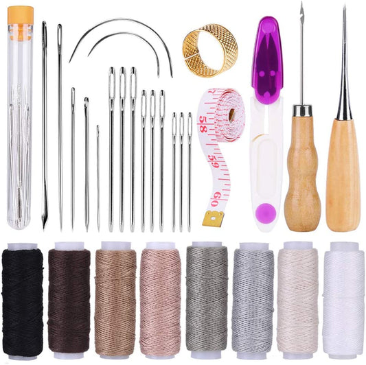 30 PCS Upholstery Repair Kit, Leather Sewing Repair Kit with Sewing Thread, Large Eye Leather Sewing Needles, Awl, Leather Hand Sewing Needles, Leather Craft Tool Kit for Leather Repair, Stitching image 0