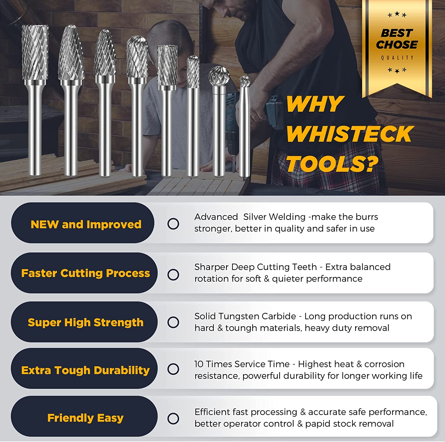 WHISTECK Carbide Burr Set, 8Pcs Double Cut Tungsten Carbide Rotary Burr set, 1/4 inch Shank Die Grinder Bits, Carbide Rotary File for Metal Wood Carving, Engraving, Polishing,Drilling image 5
