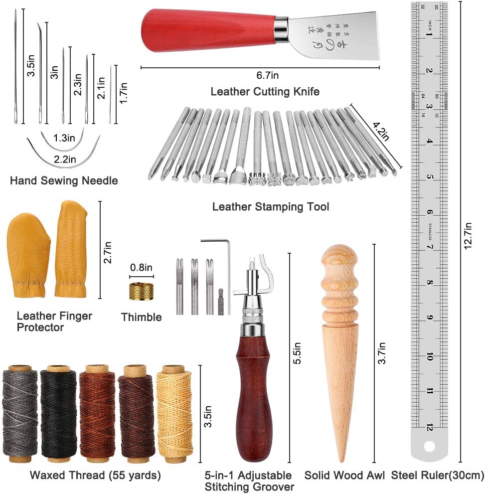 Electop Leather Working Tools Kit, Leather Crafting Tools and Supplies with Leather Stamping Tool Prong Punch Edge Beveler Cutting Mat Awl Wax Ropes Needles DIY Leather Making Stitching Sewing Kit image 2