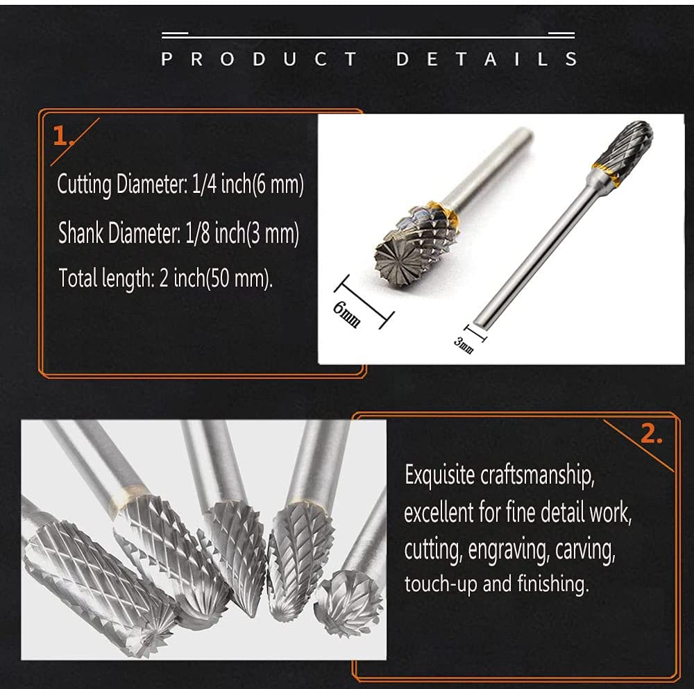 Tungsten Carbide Rotary Burr Set with 1/8" Shank, Double Cut Carving Bits for Rotary Tool Accessories for DIY Woodworking, Polishing, Drilling image 4