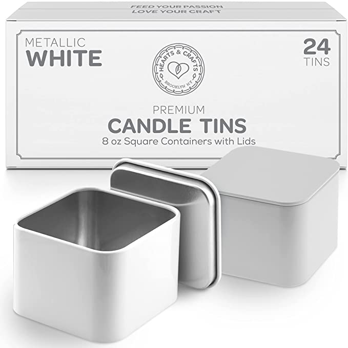 Hearts & Crafts White Square Candle Tins 8 oz with Lids - 24-Pack of Bulk Candle Jars for Making Candles, Arts & Crafts, Storage, Gifts, and More 
