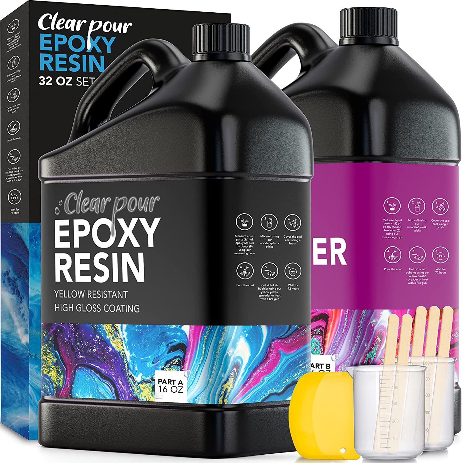 Clear Pour 32oz Epoxy Resin Kit - Premium Crystal Clear Epoxy Resin Kit - Art Resin, Craft, Jewelry Casting, DIY, Tumblers, Wood & Resin Molds