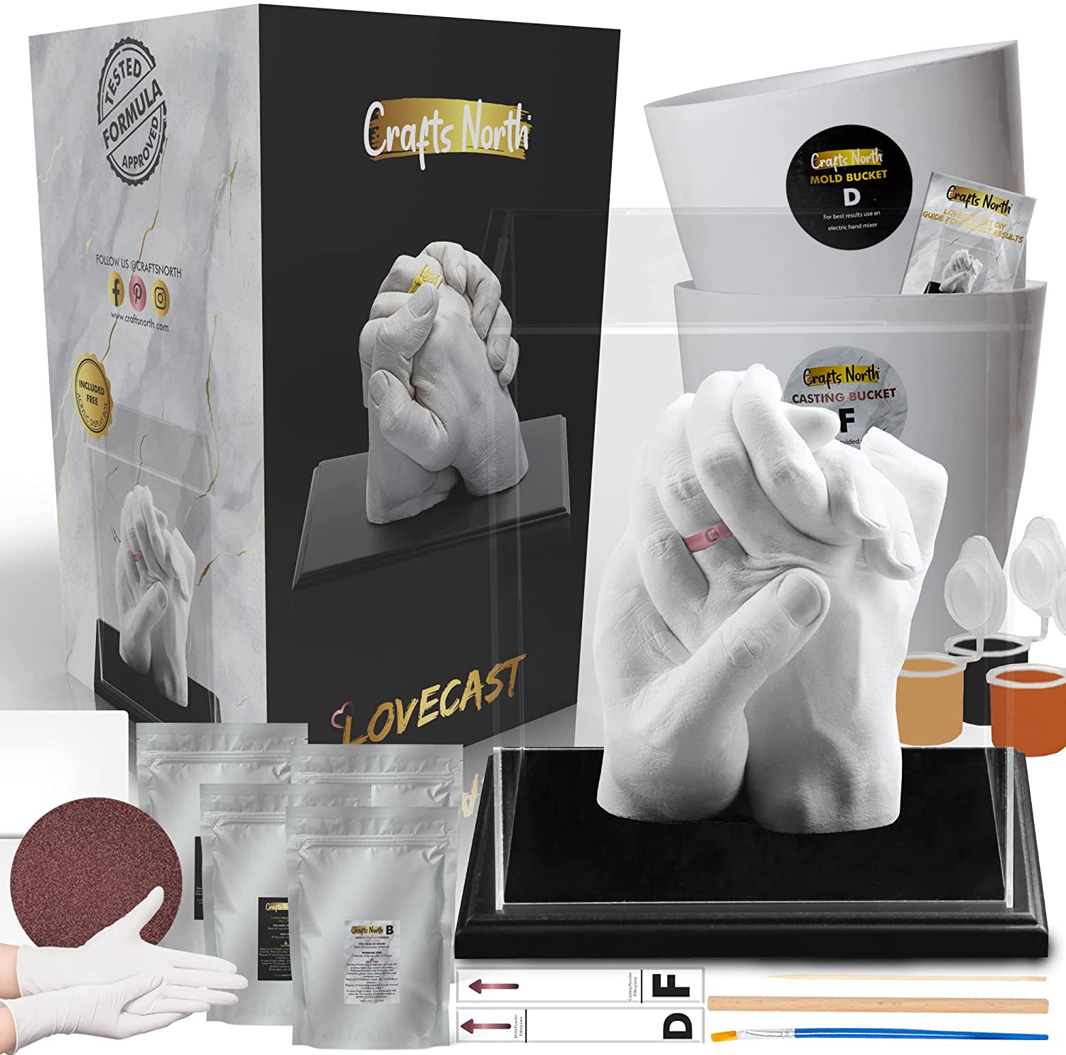 CraftsNorth Hand Casting DIY Kit for Couples | Complete Kit with Acrylic Display, Wooden Base, and Step-by-Step Guide to Create A Perfect Hand Molding