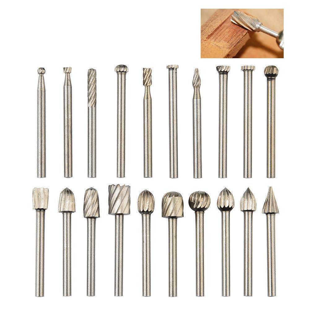 QLOUNI 20pcs Rotary Bit Burrs Set HSS Tungsten Carbide Wood Milling Burrs  with 1/8''(3mm) Shank for DIY Woodworking, Carving, Engraving, Drilling