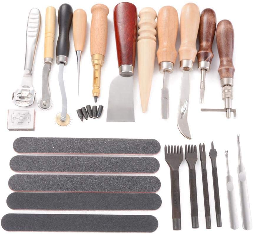 19Pcs Leather Working Tools, Leather Tooling Kit for Hand Sewing Stitching,  Saddle Making