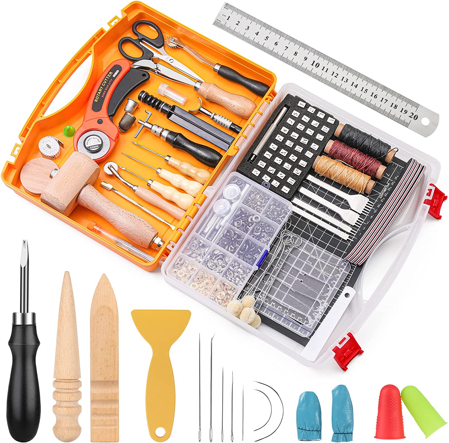 185 Pcs Leather Working Tools, Leather Working Tools and Supplies, Kit with Rotary Cutter and Mat, Hammer Stamping Tools, Awl, Tape Measure, Hand