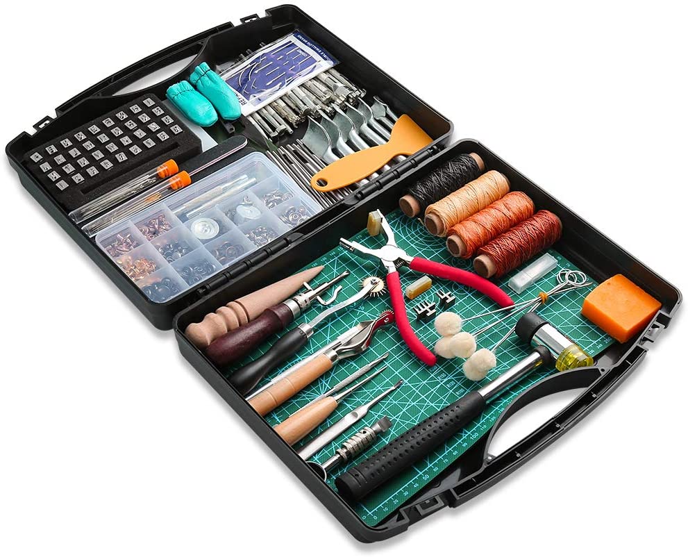 UOOU 46Pcs Leather Craft Tools Kit Leather Working Tools Basic Leather Sewing  Repair kit Waxed Thread Prong Punch Snaps and Rivets Kit Hand Sewing  Needles Awl for Leather Shoes Bag Belt Repairing