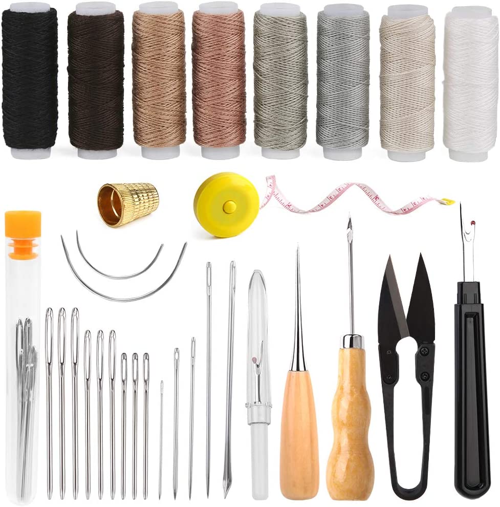 JERETA Leather Working Kit, 32pcs Thread and Needle Kit, Leathercraft  Supplies, Hand Sewing Kit, Leather Bracelet Making Kit, Upholstery Repair  Kit