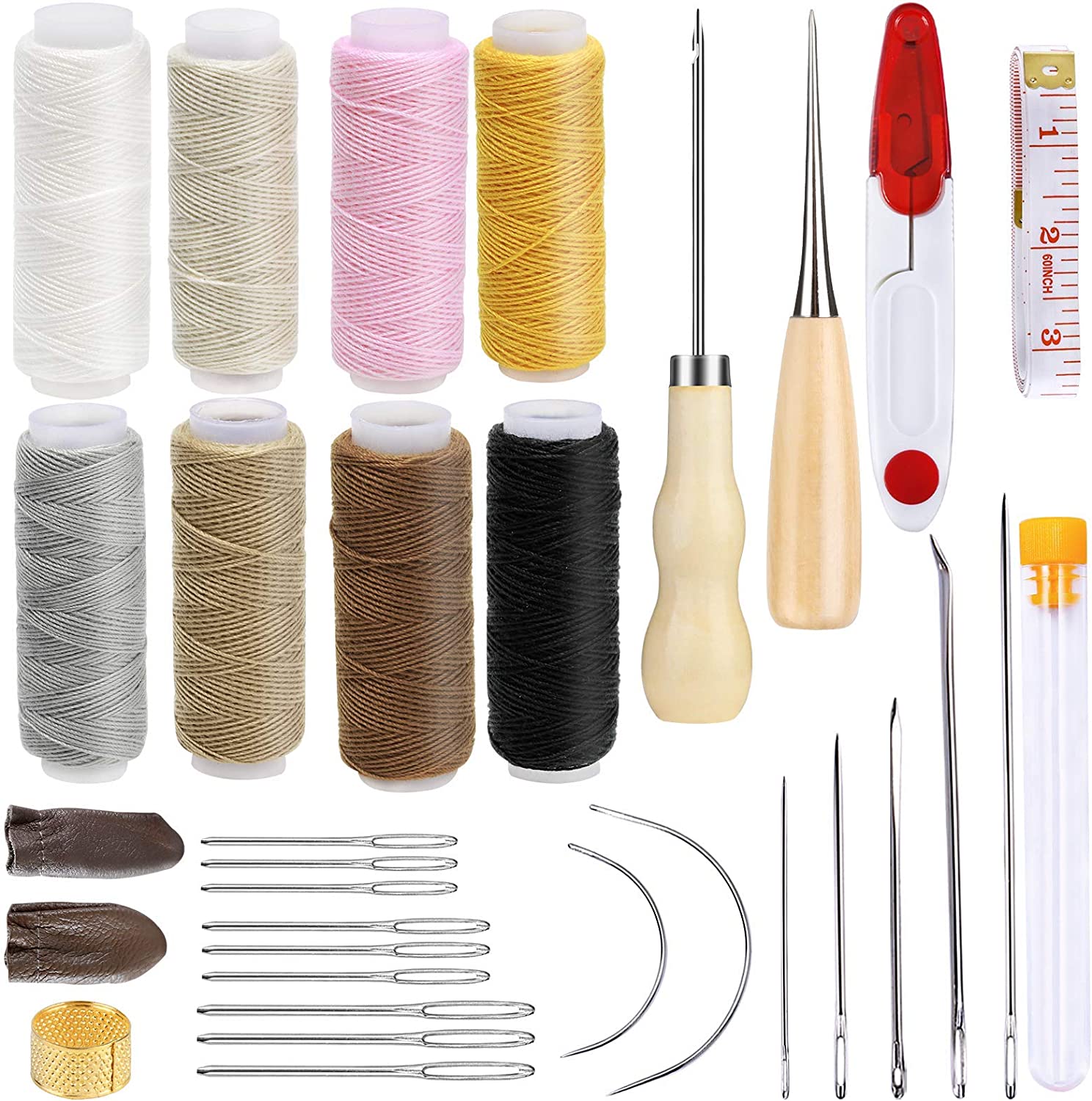 BUTUZE 32 Pcs Upholstery Repair Sewing Kit, Sewing Repair Kit with Storage Box, Sewing Thread, Large-Eye Stitching Needles, Sewing Awl, Leather