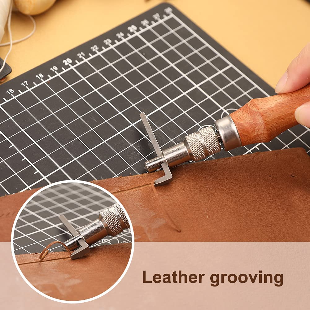 PLANTIONAL Leather Crafting Tools and Supplies: 26 Pieces Leather Working Tools Set with Groover Awl Waxed Thread Thimble Kit for Stitching Punching