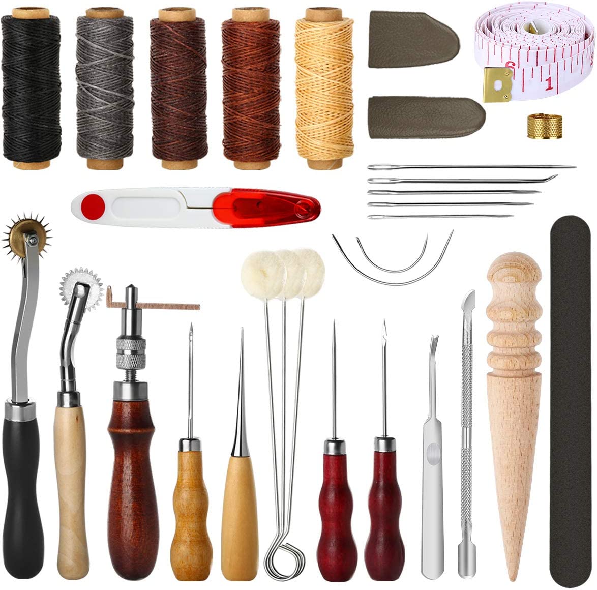 7 Pcs Leather Tools DIY Hand Stitching Kit Waxed Thread Cords, Stitching  Awl, Thread Unpicker, Sewing Thimble, Scissors. 