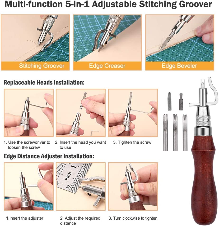 Citian Leather Tools Kit Stitching Punch Sewing Carft DIY Tool Carving Craft Saddle Working Groover and 18pcs for Hand Set Prong