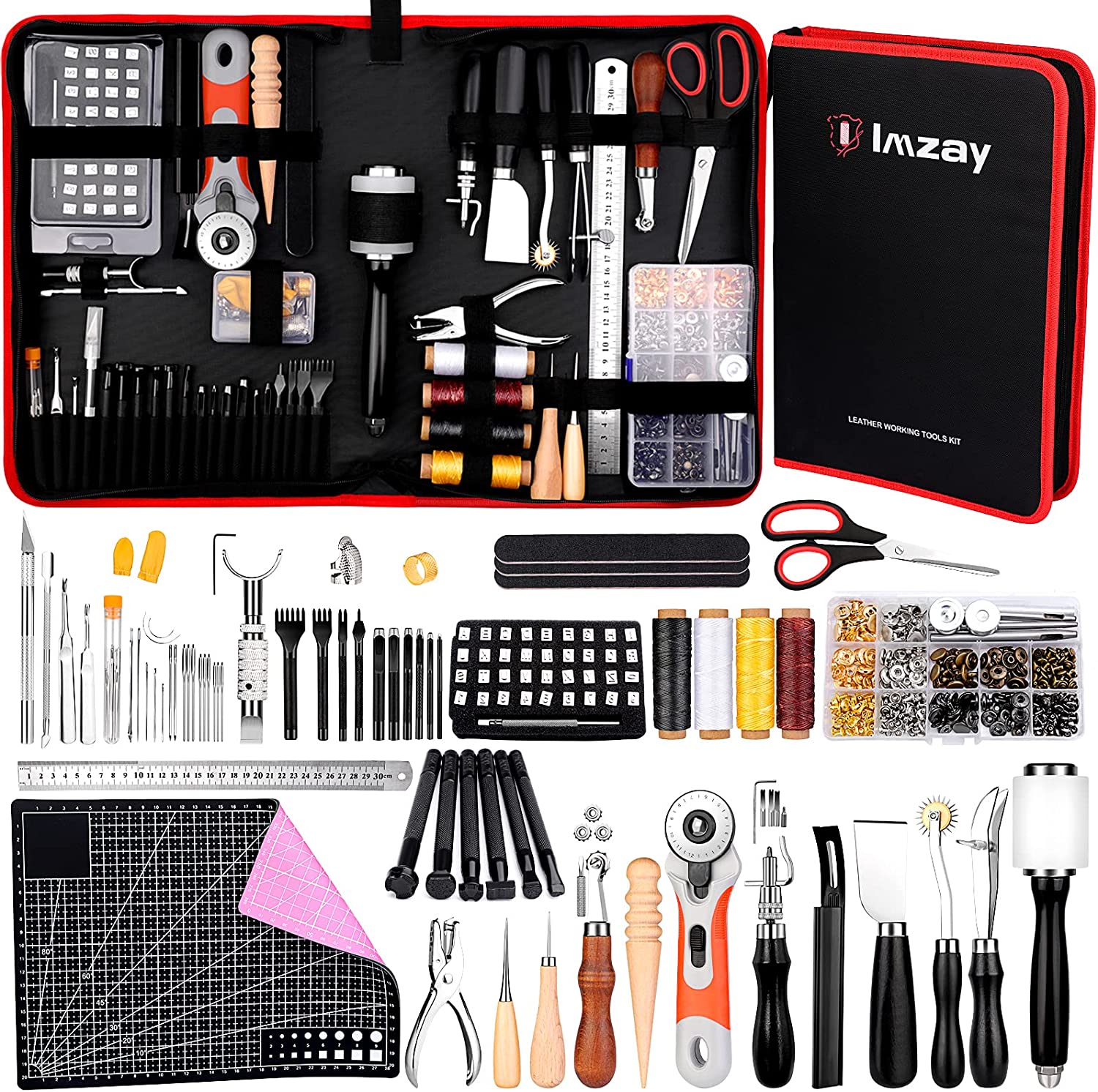 IMZAY 304Pcs Leather Tooling Working Kit, Compact Beginner Leather Tools  and Supplies with Leather Stitching Sewing Carving Cutting Crafting Tools  for Leather Sheath Wallet Belt Boot Seat Sewing