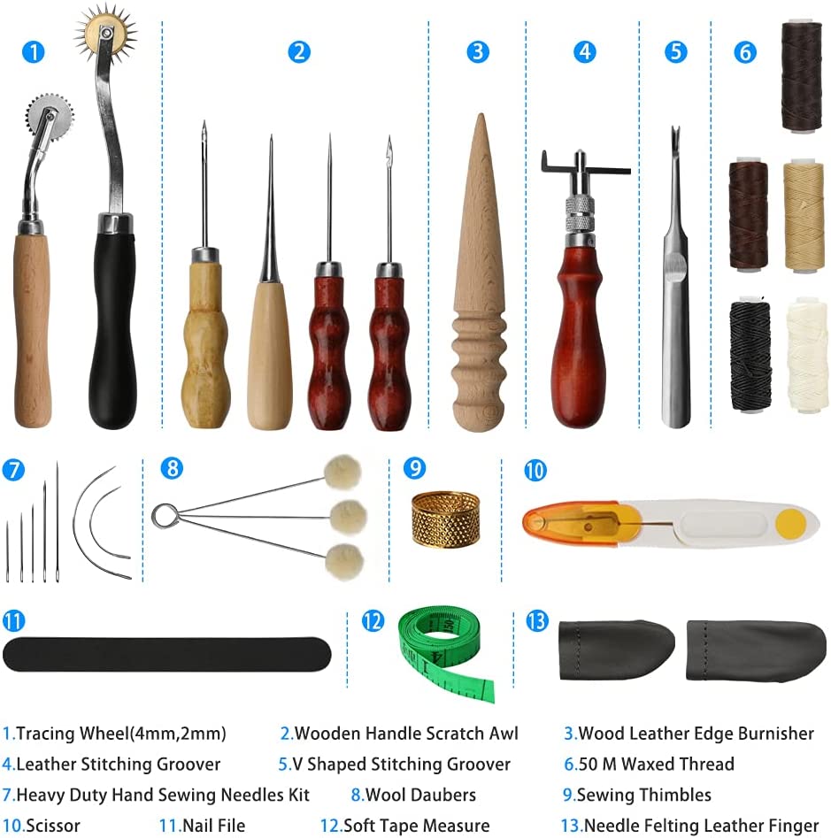 Leather Tool Kit Ideashop 30 PCS Leather Working Tools with Leather Groover  Awl Waxed Thread Kit and Other Leather Tools for Stitching Trimming Cutting  Sewing Leather Craft Making