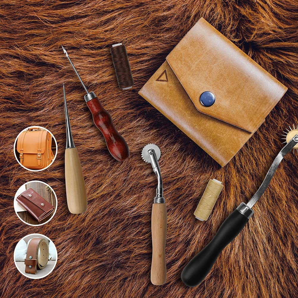 TLKKUE Leather Working Tools Leather Sewing Kit Leather Craft Tools with  Storage Bag, Groover, Stitch Wheel, Waxed Threads, Awl, Needles, Manual