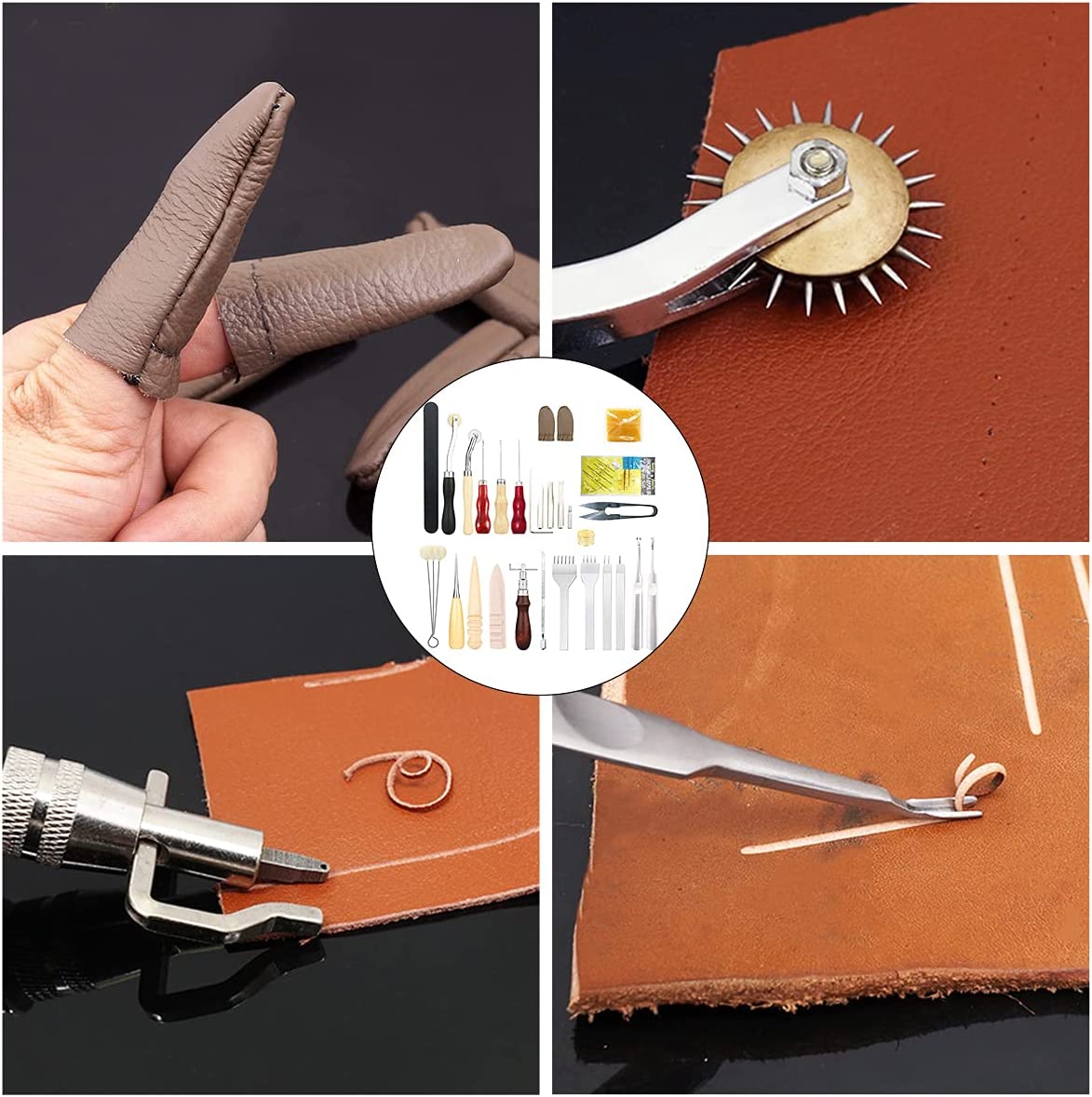 PLANTIONAL Leather Crafting Tools and Supplies: 26 Pieces Leather Working Tools Set with Groover Awl Waxed Thread Thimble Kit for Stitching Punching