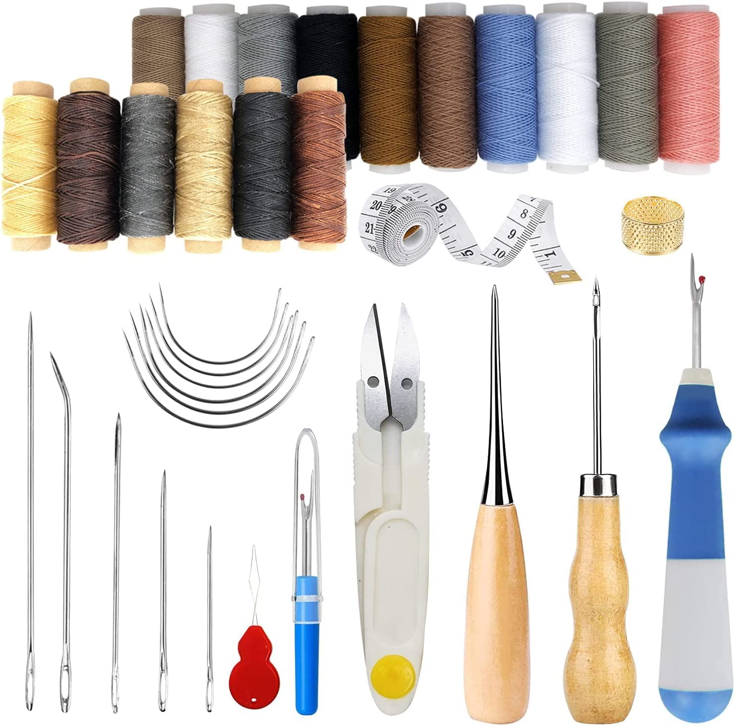 PLANTIONAL 34 Pcs Basic Leather Sewing Kit: Upholstery Thread Cord, Leather Waxed Thread with Sewing Awl, Seam Ripper, Tape Measure Large-Eye