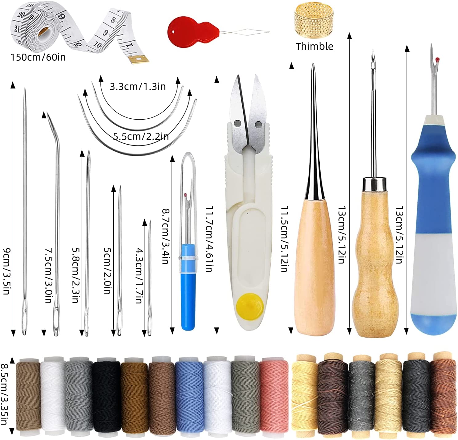 PLANTIONAL 34 Pcs Basic Leather Sewing Kit: Upholstery Thread Cord, Leather Waxed Thread with Sewing Awl, Seam Ripper, Tape Measure Large-Eye