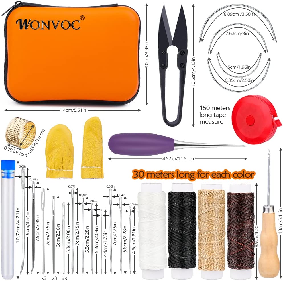WONVOC Leather Sewing Kit, Leather Sewing Upholstery Repair Kit, Leather Needle and Thread Kit, Leather Working Tools with Large-Eye Needles, Waxed