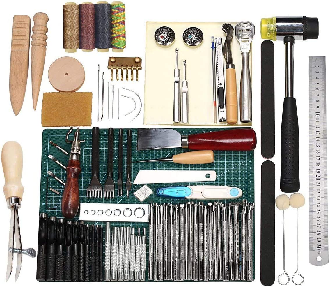 Leathercraft Working Tools Kit, Leather Craft Stamping Tools with Cutting  Mat, Stitching Groover, Prong Punch, Snaps, Rivets Kit and Professional  Stitching Sewing Tools for DIY Leathercraft