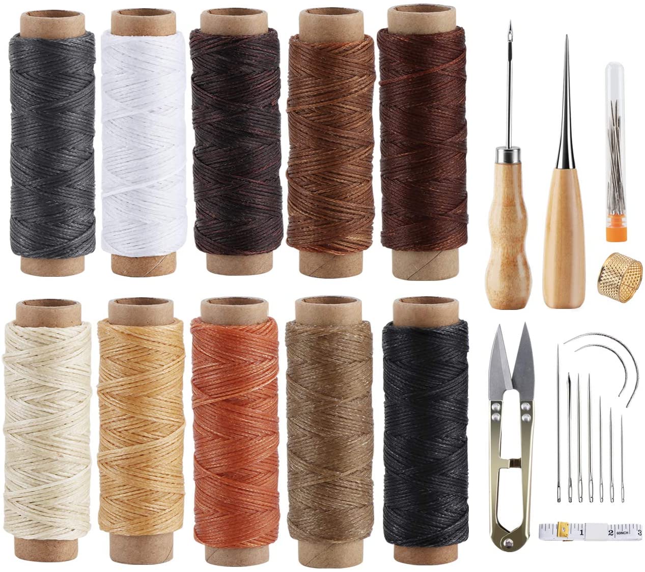273 Yards Leather Waxed Thread Sewing Kit Including Black Sewing Thread Needle Awl Thimble, Leather Sewing Upholstery Repair Kit for Leather Carpet