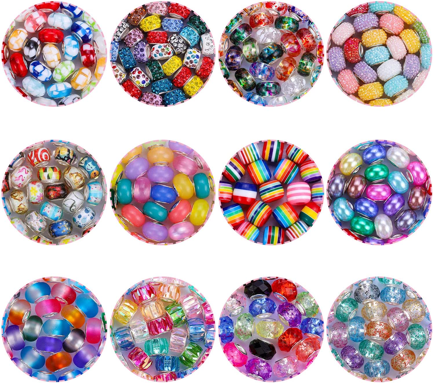 Assortment European Large Hole Spacer Beads,Fairy Garden Beads Rhinestone  Craft Beads for DIY Charms Bracelet Jewelry Making (12 Style)