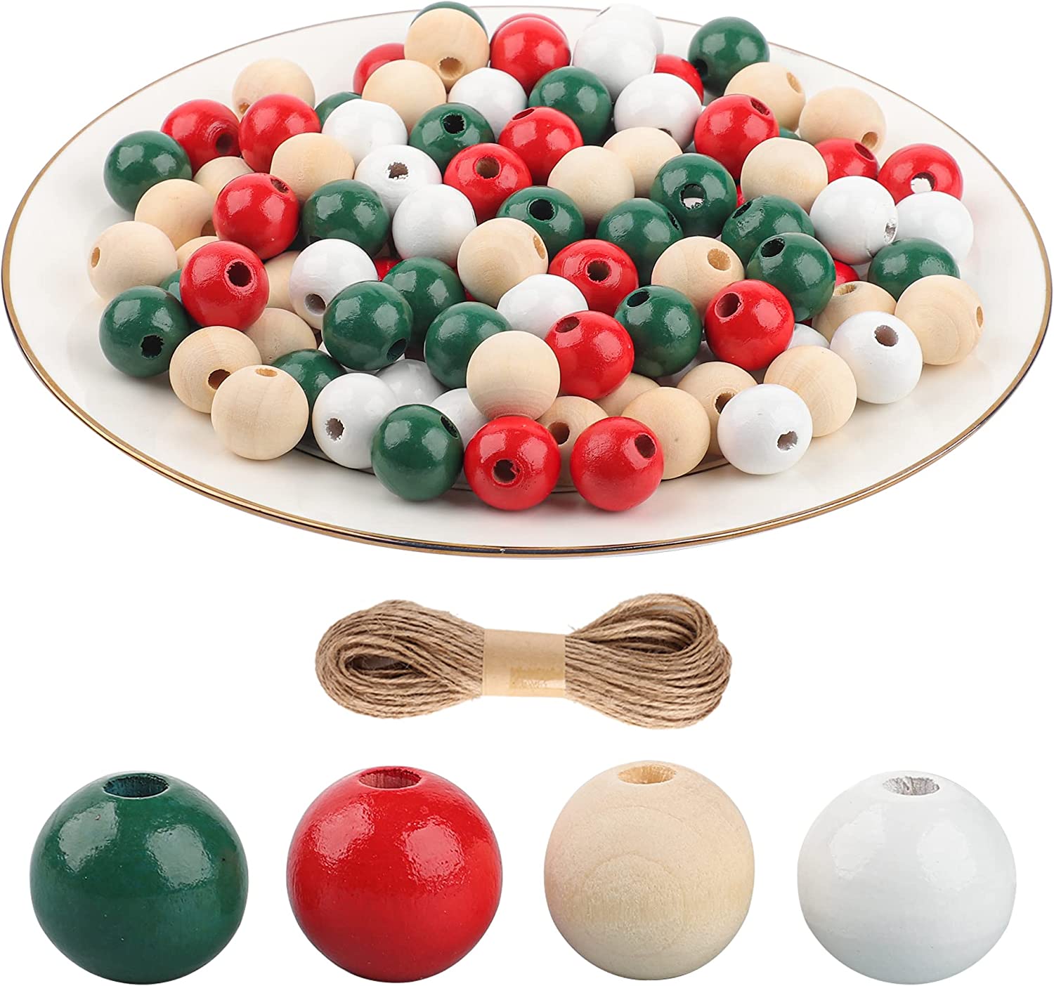 200 Pieces Christmas Wooden Beads Red White Natural Green Wood Spacer Beads  Assorted Color Round Loose Beads for Craft Jewelry Making Garland Holiday  Party Supplies