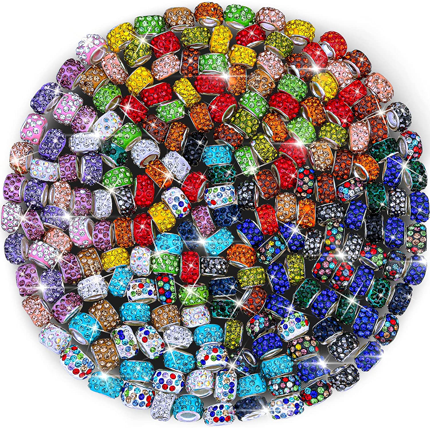 200 PCS European Beads Bulk for Jewelry Making,Cludoo Large Hole Beads  Spacer Beads with Mixed Color Rhinestone Charms Beads for DIY Craft  Bracelet Necklace Earring Making