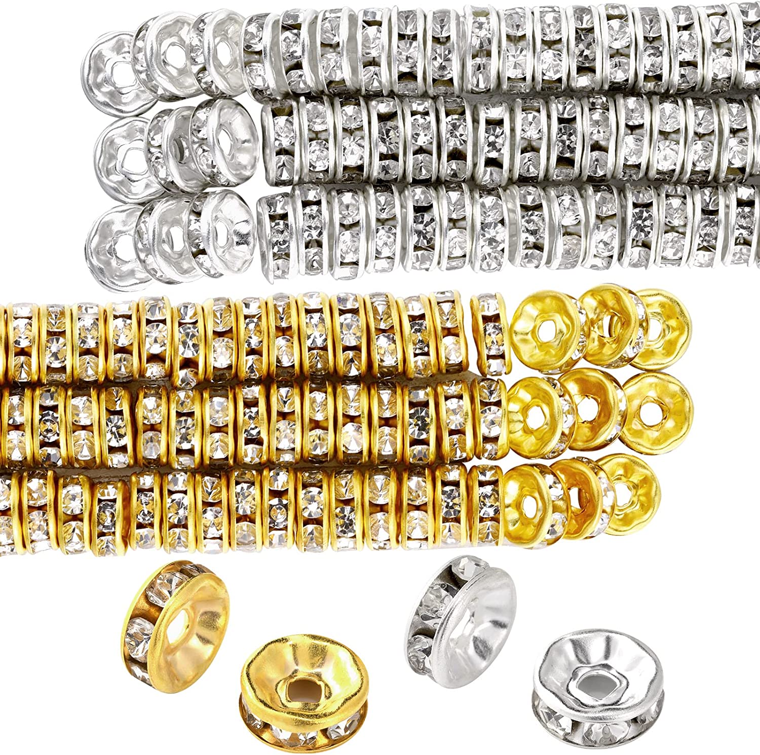 800 Pieces 8mm Round Rondelle Spacer Beads Crystal Rhinestone Loose Bead  Charm Beads Spacer Bead for Jewelry Making (Gold, Silver,8 mm)