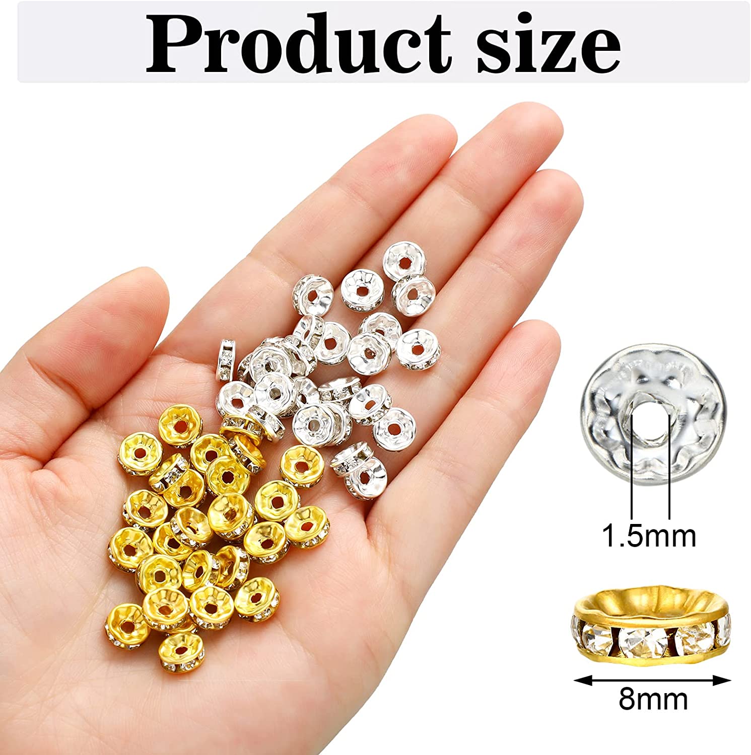 800 Pieces 8mm Round Rondelle Spacer Beads Crystal Rhinestone Loose Bead  Charm Beads Spacer Bead for Jewelry Making (Gold, Silver,8 mm)