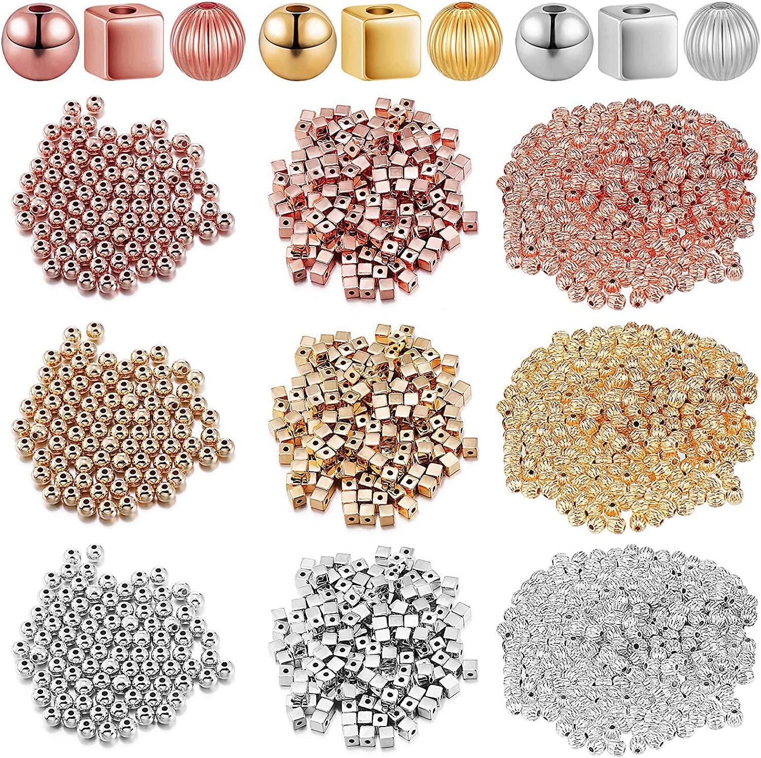 3000 Pieces Assorted Spacer Beads for Jewelry Making, Rose Gold Beads  Rondelle Square Beads Silver and Gold Beads Charms for DIY Crafts Making